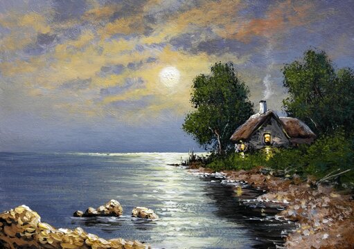 Oil paintings rural landscape, boat on the river, moon