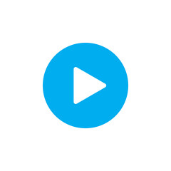 Blue play button, play video and music vector sign on blue color isolated white background