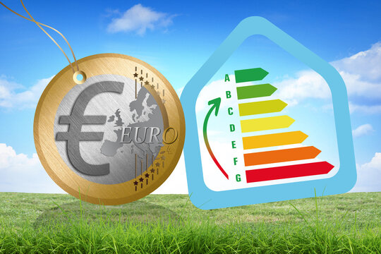 Transition écologique et performance énergétique, monnaie euro dans la nature avec ciel bleu.