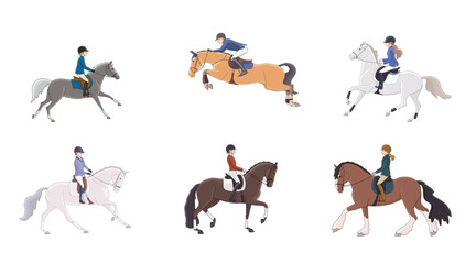 Set of riders and horses on the theme of equestrian sports, recreation, hobbies