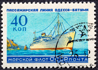 USSR - CIRCA 1959: A postage stamp printed in USSR shows Soviet Liners Ship and Inscription Soviet Navy, Passage line Odessa - Batumi, from the series Ships.