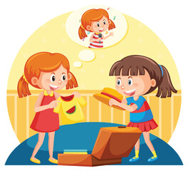 Happy girl choosing clothes for singing