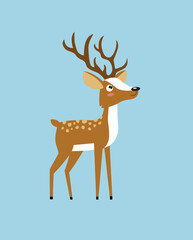 Cute vector deer. Forest animal. The deer is standing. Funny cartoon deer. Cartoon character. Christmas animal.