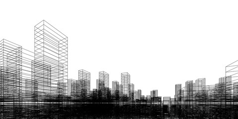 Wireframe perspective background. Building wireframe. Wireframe city background.