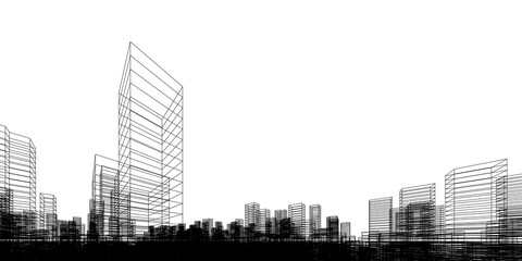 Fototapeta premium Wireframe perspective background. Building wireframe. Wireframe city background.