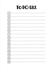To do list blank template with doted lines and 1 to 15 numbers . journal, planner, scrapbooking do it yourself notepad. Decorated with grunge rectangles and lines . black and white planner vector eps8