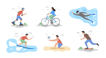 Active Sports Concept. Characters Roller Skating, Riding Bicycle, Going Diving, Surfing, Playing Volleyball And Skateboarding. Active Leisure And Healthy Lifestyle. Cartoon Flat Vector Illustration