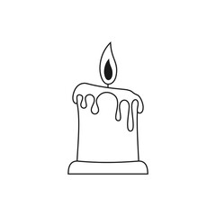 Icon of a paraffin and wax candle that is burning. Vector image of a fused candle with black lines.
