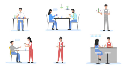 Concept Of Spending Time Together And Date. People Eating Dinner at Cafe. Happy Men And Women In Love Spend Time Together Eating Tasty Dinner In Fashion Restaurant. Cartoon Flat Vector Illustration