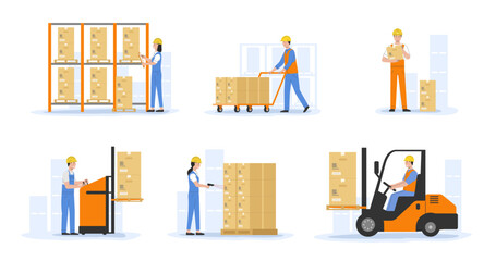Warehouse And Cargo Goods Concept. Workers In Uniform Loading And Unloading Cardboard Boxes Use Forklift And Storehouse Equipment. Global Business. Linear Outline Cartoon Flat Vector Illustration - obrazy, fototapety, plakaty
