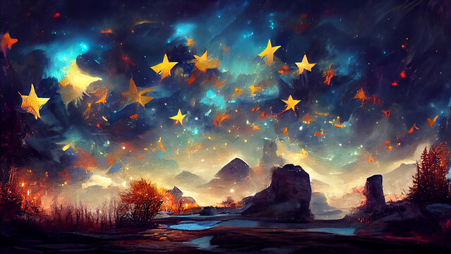 Fantasy fairy tale hand drawn picture book. Beautiful starry night with colorful sky and a dreamy landscape. Forest by the river drawing. Background for adventure children stories. 3D illustration