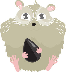 Cartoon hamster with a seed. Sweet rodent. Cartoon character.Little fluffy hamster. gray wool