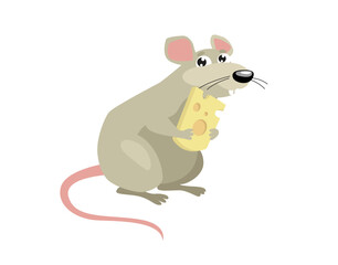 Vector cartoon rat with cheese. Sweet rodent. Cartoon character.Little fluffy mouse. gray wool