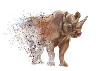 Rhinoceros Watercolor .Digital Painting on White Background