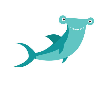 Vector cartoon hammerhead fish. Cute shark. Cartoon character. The hammerhead smiles. Good shark.