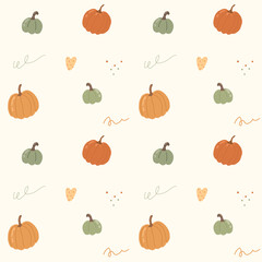 Cute cozy autumn pattern with pumpkins. Illustration Home comfort. Pattern for decor, wallpapers, textiles, fabrics, napkins.