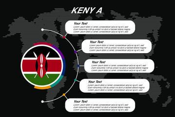 Kenya circle infographic with information text spaces, black background with world map, info template