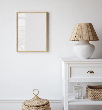 Old wooden frame mockup in Scandinavian farmhouse living room interior, 3d render