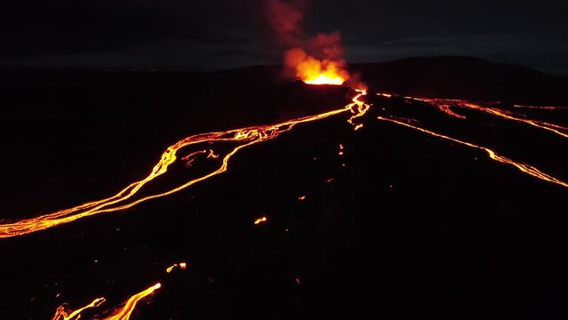 Fagradalsfjall Volcano Iceland, Eruption 2021 Drone video over active main Crater and Lava flow