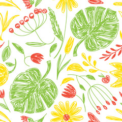 Fototapeta na wymiar Floral seamless pattern. Color vector flowers illustration set. Pen or marker drawing sketch