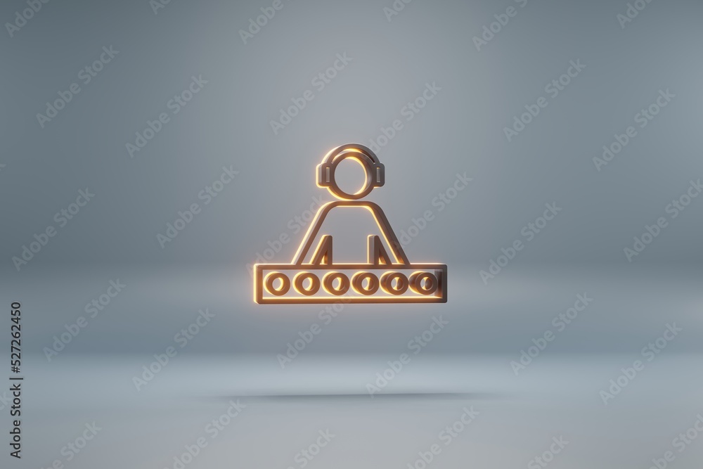 Poster beautiful black dj with headphones with yellow light symbol icons on a blue background. 3d rendering