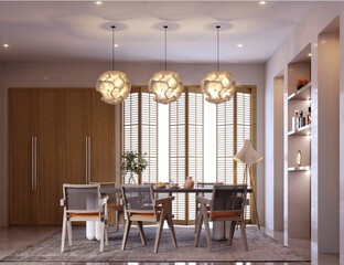 3d rendering,3d illustration, Interior Scene and  Mockup,dinning room interior,decorate the walls with built in shelves.