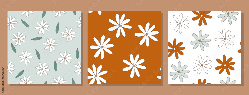 Wall mural Set of three cute floral seamless patterns. Trendy groovy print. Vector hand drawn illustration.se