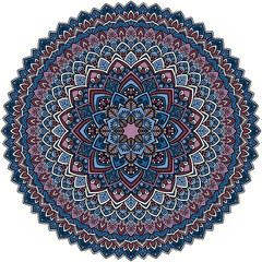 マンダラアート(幾何学模様、赤、青、植物)