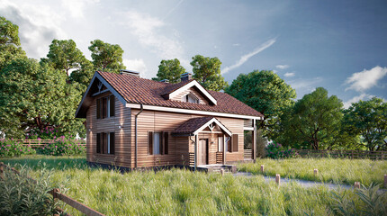 Fototapeta na wymiar Wooden style house. Beautiful landscape and wonderful outlook. Located in a picturesque area. 3d render