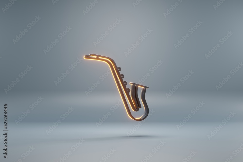 Poster beautiful black inclined saxofon with yellow light symbol icons on a blue background. 3d rendering i