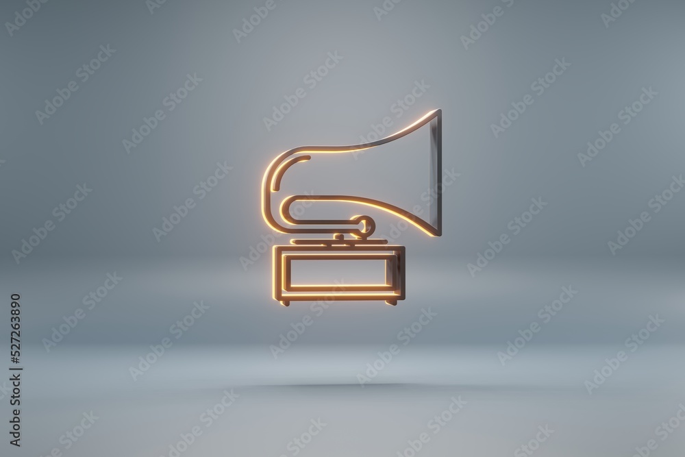 Poster beautiful black old gramophone with yellow light symbol icons on a blue background. 3d rendering ill