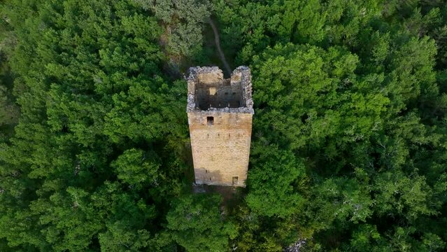 Torre de Moro in the town of Atar&eacute;s. Aerial view from a drone of the surroundings of the fortress castle. Jaca Municipality. The Jacetania. Huesca, Aragon, Spain, Europe
