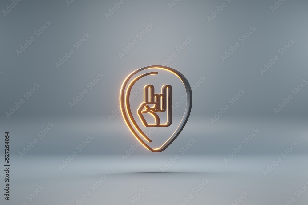 Poster beautiful black guitar plectrum with hand and yellow light symbol icons on a blue background. 3d ren