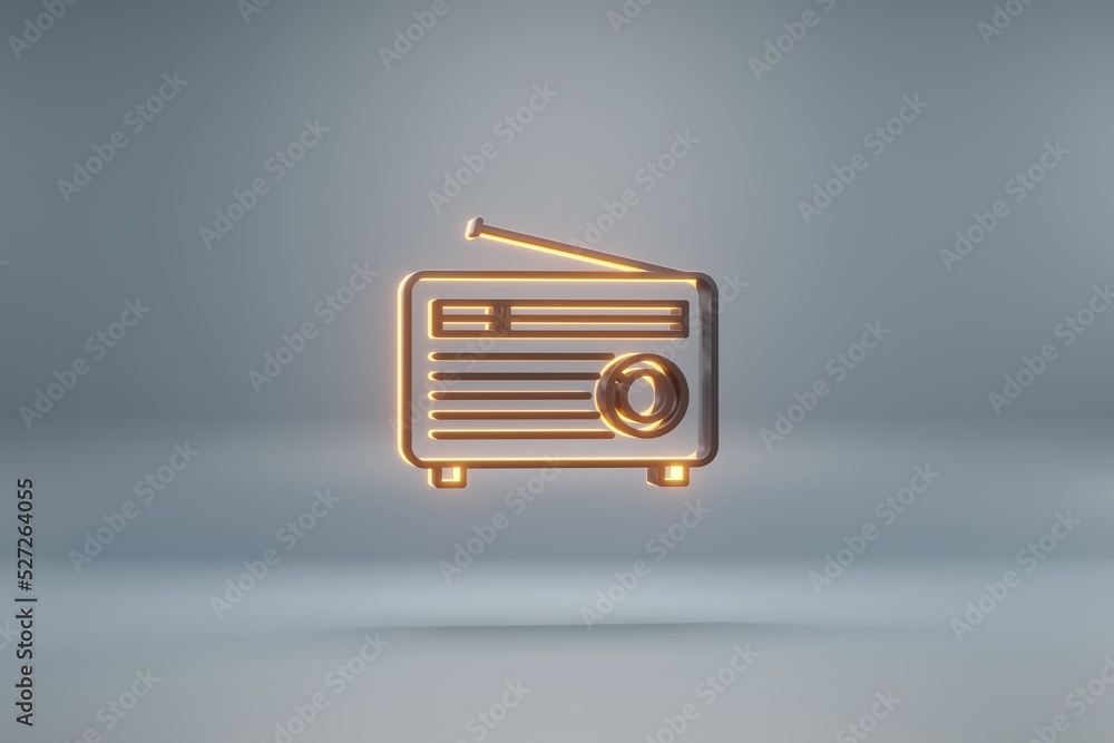 Poster Beautiful black Old Radio with Short Antenna and yellow light  symbol icons on a blue  background. 3d rendering illustration. Background pattern for design.