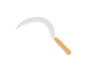 Sickle with wooden handle logo design. Agricultural tool, use for getting rid of grass or weeds in paddy field or gardens, use for harvesting rice or other purpose vector design and illustration.

