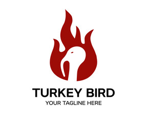Rustic fire turkey bird logo, hen flame hot logo design. Hot and spicy bbq chicken, turkey fast food restaurant app vector design and illustration.