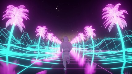 Astronaut runs surrounded by flashing neon lights. Music and nightclub concept. Retro 80s style synthwave background. 3d illustration
