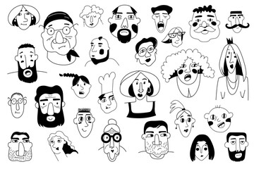 Different cartoon faces of characters. 