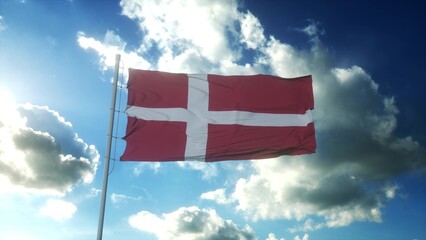 Flag of Denmark waving at wind against beautiful blue sky. 3d illustration