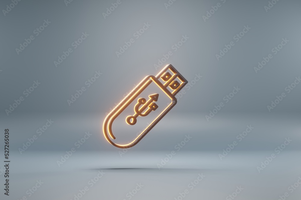 Poster Beautiful black Pendrive Device with yellow light  symbol icons on a blue  background. 3d rendering illustration. Background pattern for design.