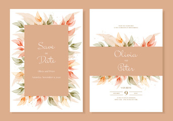 Wedding invitation with autumn leaves in red, yellow, warm and gold tones with pampas. Elegant editable invitation. Vector