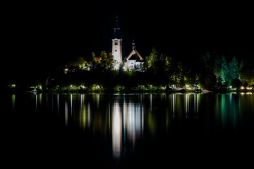 Church of the mother of god on the lake in Bled, Slovenija in the night