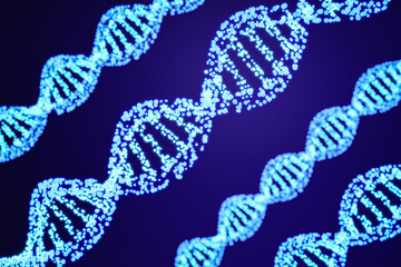 光の粒でできたのDNAの3DCGイラスト、濃紺背景