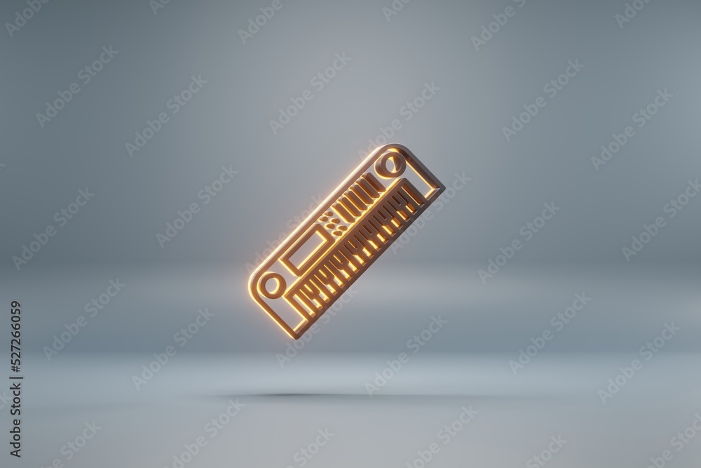 Poster Beautiful black Long Synthesizer with yellow light  symbol icons on a blue  background. 3d rendering illustration. Background pattern for design.