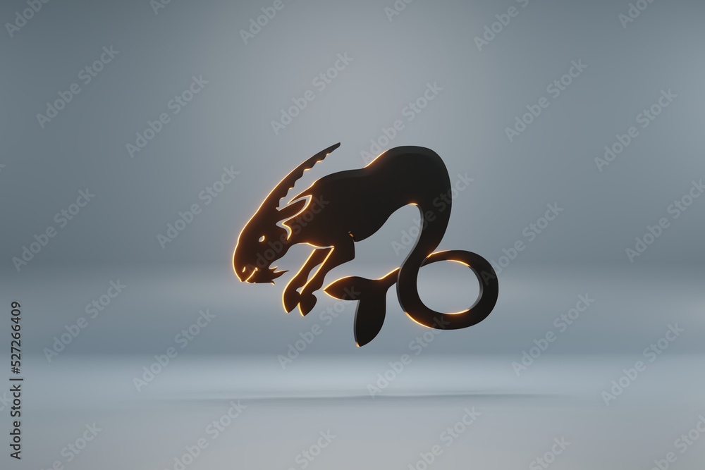Poster beautiful black zodiac sign aries with yellow light symbol icons on a blue background. 3d rendering 
