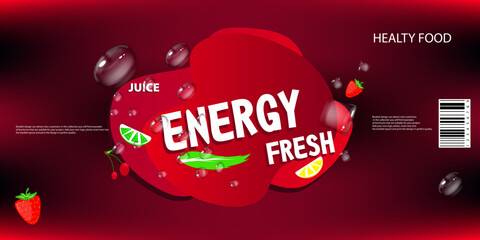 the label of an energy drink with fruit ice cubes and bubbles, in red and bard. for print and internet