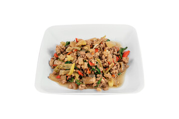 stir-fried minced pork fried chili pepper and  sweet basil