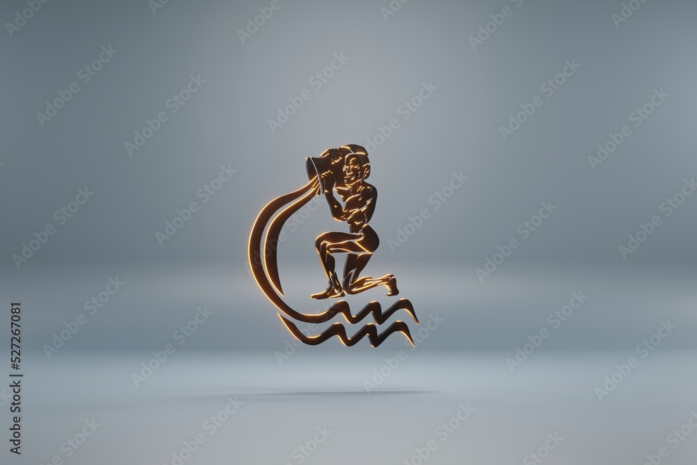 Poster beautiful black zodiac sign aquarius with yellow light symbol icons on a blue background. 3d renderi