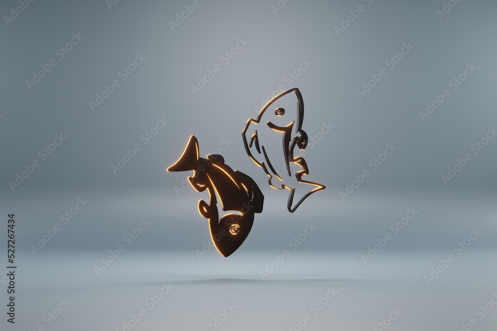 Poster beautiful black zodiac sign pisces with yellow light symbol icons on a blue background. 3d rendering