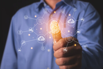 man hand scans finger on virtual screen to access sensitive data, data protection personal information security technology cloud concept